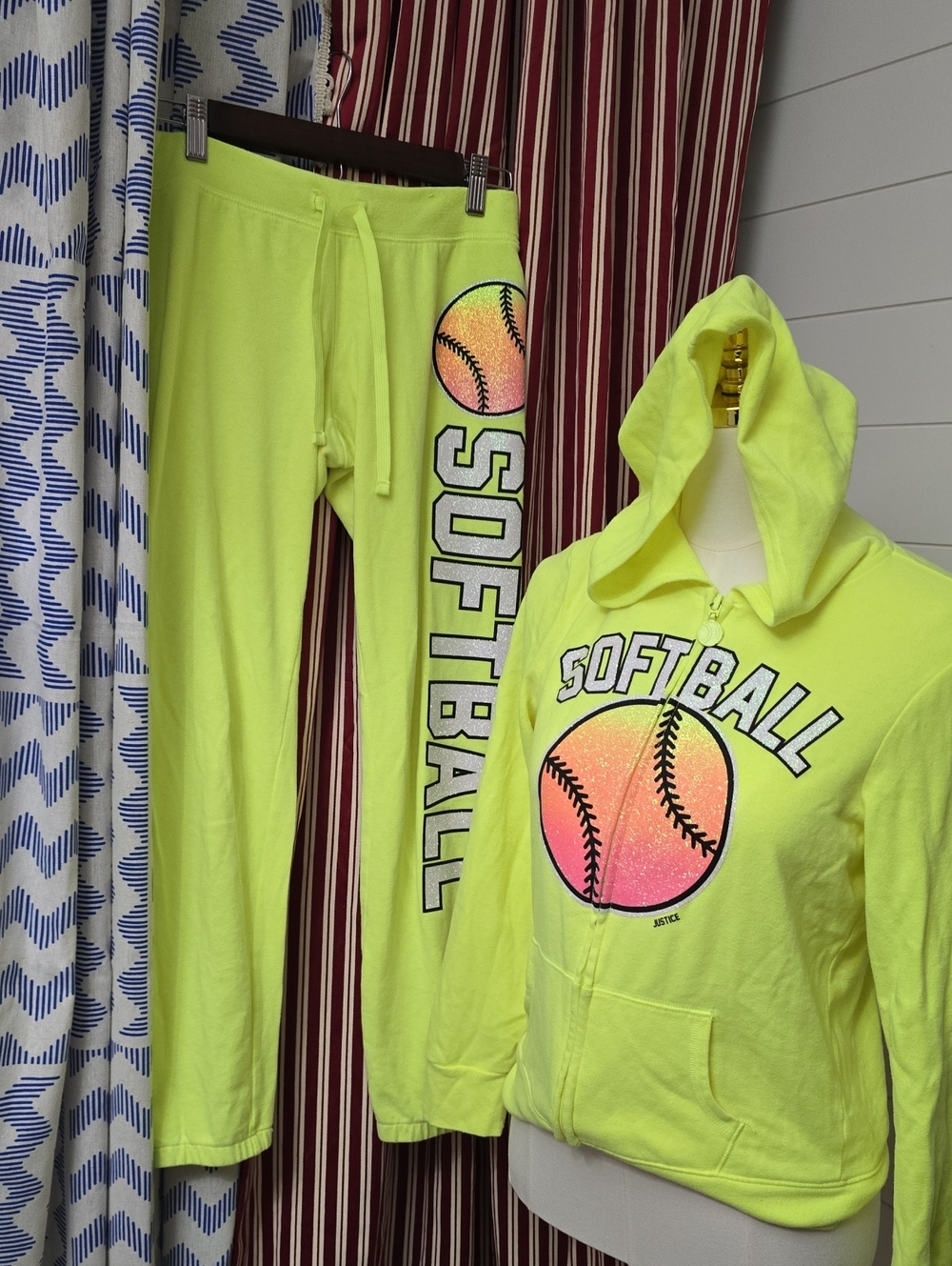 Justice 14 Neon Yellow Softball Hoodie & Jogger Set - Girls